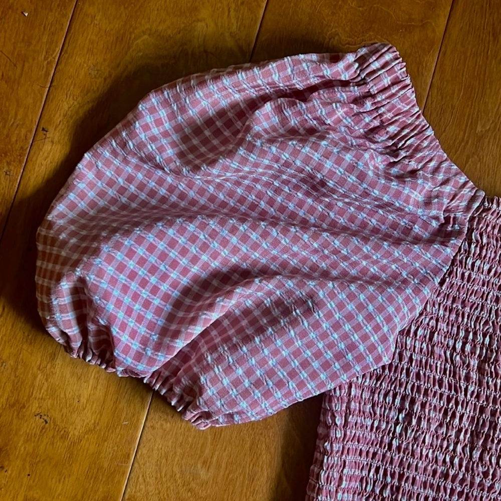 BB Dakota Pink Gingham Smocked Puff Sleeve Crop Top Size M Cottagecore coquette - Picture 3 of 10